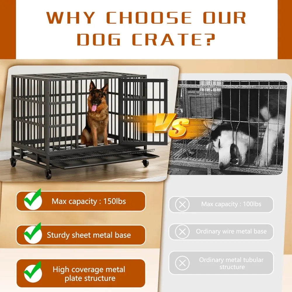 Heavy Duty Indestructible Dog Crate, Escape Proof Dog Cage Kennel with Lockable Wheels,High Anxiety Double Doo Dog,Customized