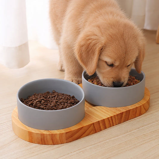 Ceramic Dog Bowl with Wooden Stand | Anti-Tip | Neck Protection | Stylish Pet Feeder
