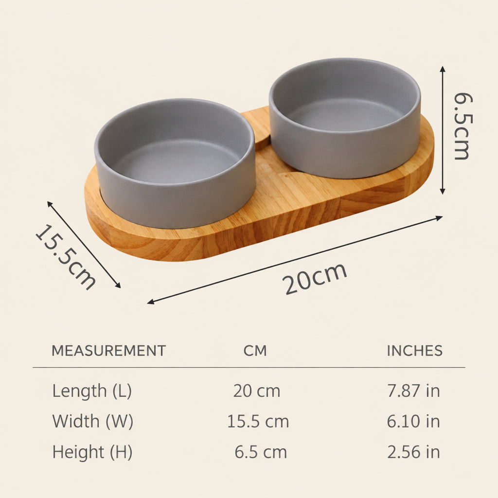 Ceramic Dog Bowl with Wooden Stand | Anti-Tip | Neck Protection | Stylish Pet Feeder
