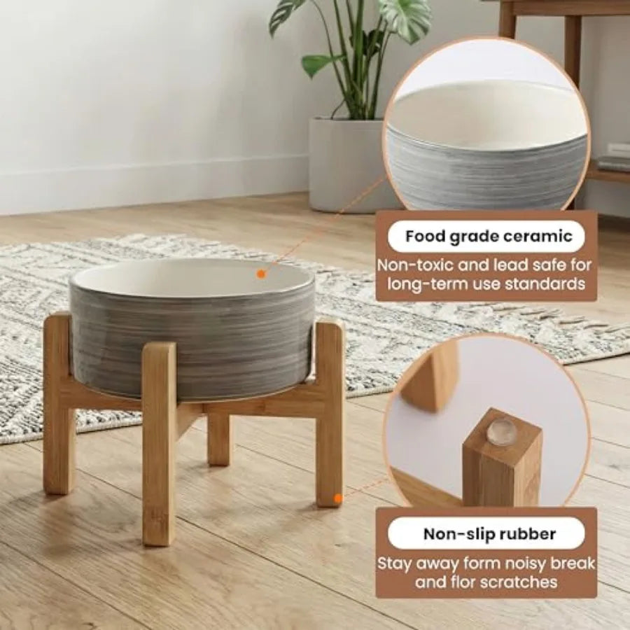 Elevated Ceramic Dog Bowl with Bamboo Stand | Modern Design | Anti-Slip | Small to Medium Dogs