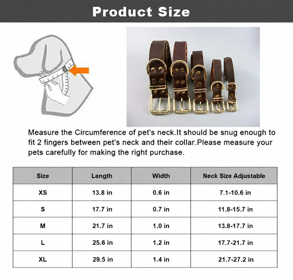 Brown Genuine Leather Dog Collar | Classic Style | Heavy Duty | Adjustable | Small to Large Breeds