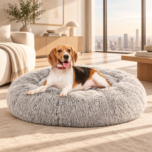 Calming Dog Bed | Round Fluffy Faux Fur | Anti-Slip | Washable | Medium to Large Dogs | Gray or Tea Brown