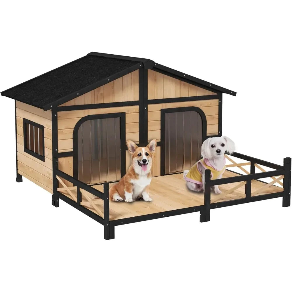 Outdoor Wooden Double Dog House with Porch & Elevated Floor | XL | Weatherproof