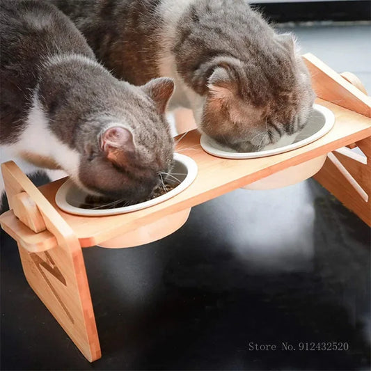 Foldable Dog Dining Table | Double Stainless Steel Bowls | Wooden Stand | Food & Water