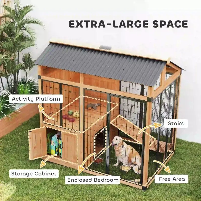 Hartelier Outdoor Wood Dog House | 7' x 5' with Platform & Storage Cabinet