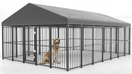 10×14 FT Large Outdoor Dog Kennel with Roof — Heavy Duty, Double Lock Door & Feeding Door