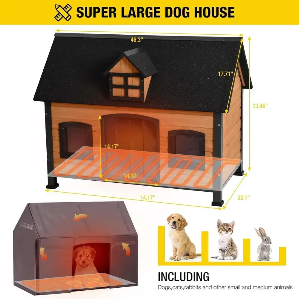 Heated Wooden Dog House | Insulated Shelter & Reinforced Metal Frame