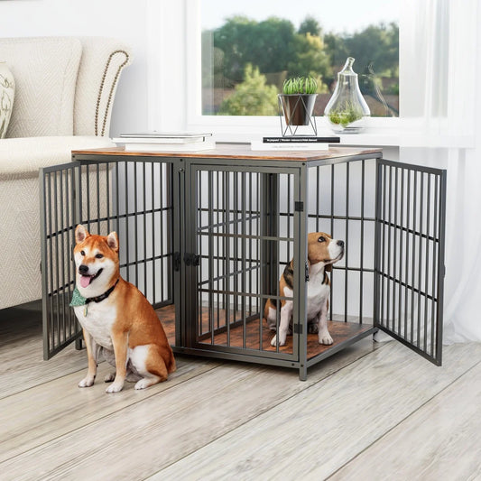 Furniture-Style Wooden Dog Crate | Side Table | 4 Doors | Holds 110lbs | Black & Dark Walnut