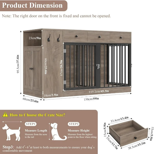 Dog Crate Furniture with Storage Drawers & Side Cabinet — Single/Double Indoor Kennel