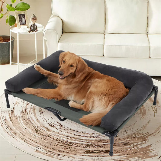 BINGOPAW Outdoor Elevated Dog Bed Cooling Raised Pet Lounger Bed Mesh Cot Sleep Camping Bed with Detachable Plush Bolster