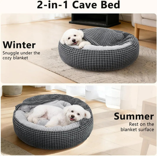 Cozy Donut Cuddler Hooded Pet Bed with Attached Blanket, Anti-Anxiety Orthopedic Round Bed for Small Dogs & Cats, Washable, Non-Slip Bottom, 23in