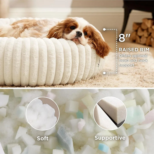 Donut Dog Bed | Faux Fur & Corduroy Fleece | Removable Cover | Anti-Slip | 30x30x8" Cream