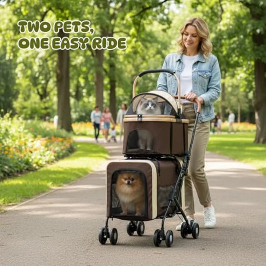 Double Dog Stroller | One-Step Fold | 2 Detachable Carriers | Small & Medium Dogs