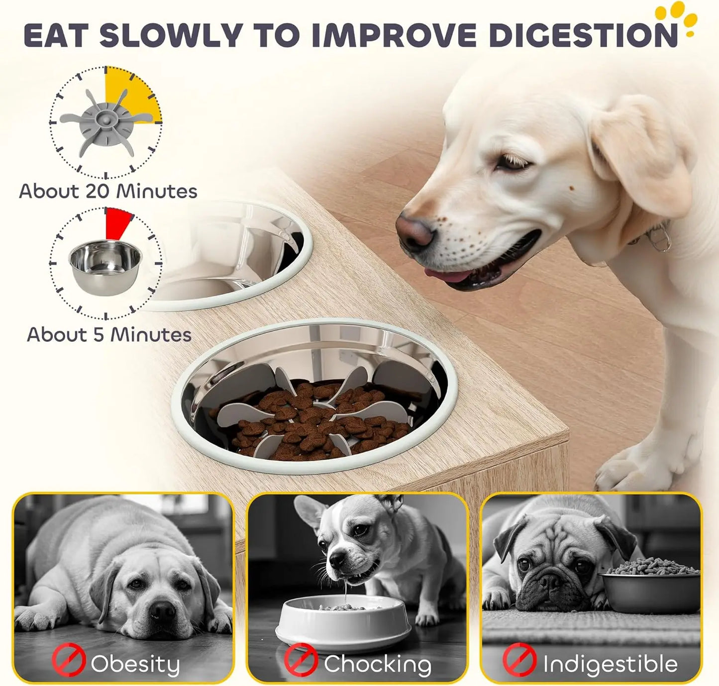 Elevated Dog Bowls with Storage Cabinet, Raised Dog Bowl Stand, Pet Feeding Station with Slow Feeder & Non-Slip, for Large Pets