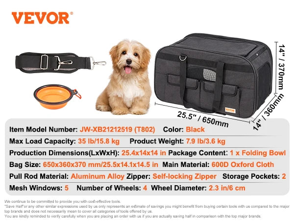 Rolling Dog Carrier Backpack | 4-Wheel Telescopic Handle | Airline-Compatible | Up to 35lbs