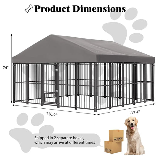 10×10 FT Outdoor Dog Kennel with Roof — Heavy Duty, Escape-Proof Double Locks & Swivel Feeding Door
