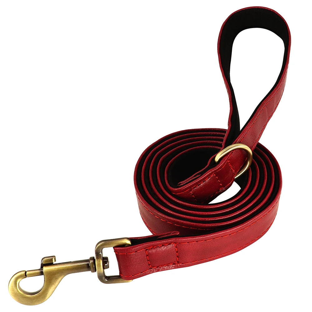 Personalized PU Leather Dog Collar & Leash Set — Soft Padded, Free Engraved Nameplate | XS–XL