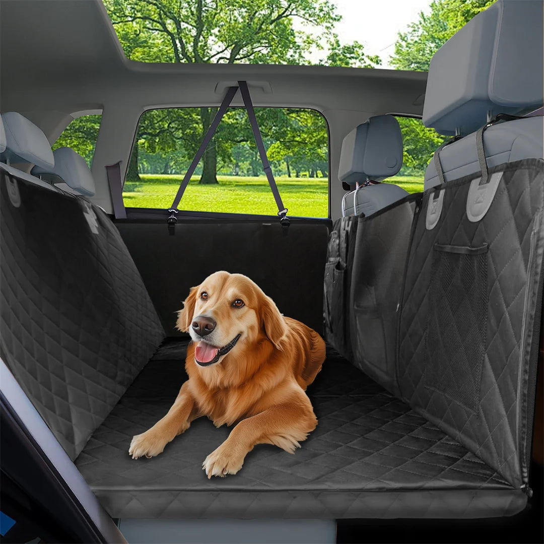 Dog Back Seat Extender | Waterproof Hammock Cover | Holds 220 lbs | Side Flaps & Storage Pockets | Black & Grey