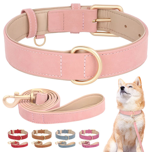 Soft Padded PU Leather Dog Collar & Leash Set — Adjustable, S/M/L/XL