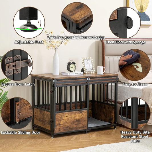 40" Wooden Dog Crate Furniture with Cushion — Heavy Duty Double Door Kennel