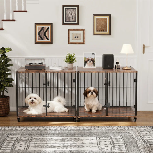 Tempered Glass Dog Crate End Table | Double Locking Doors | Lockable Wheels | Black