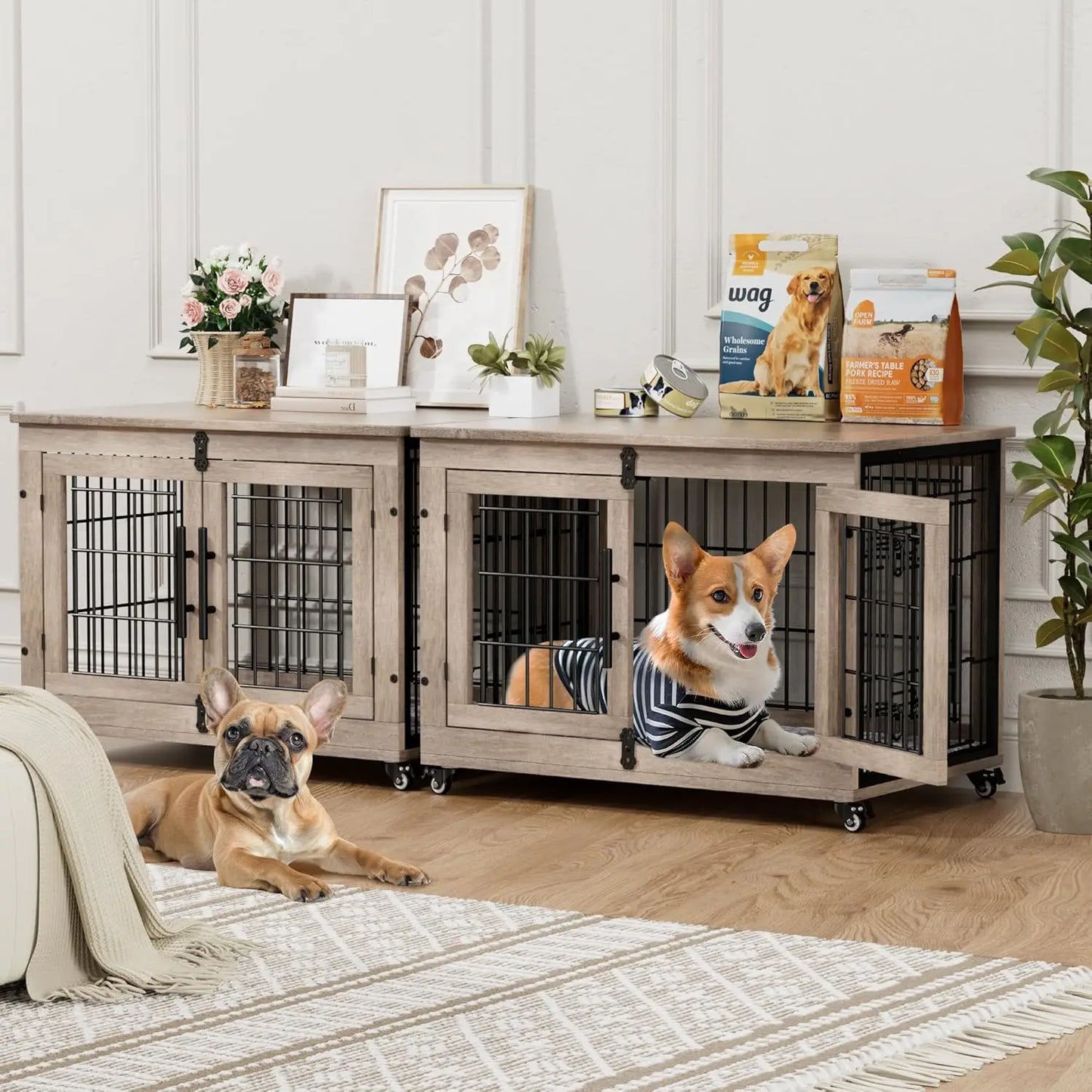 Dog Crate Furniture with Cushion, Kennel with Double Doors, Heavy Duty Cage End Table with Wheels, Houseļ¼Customized