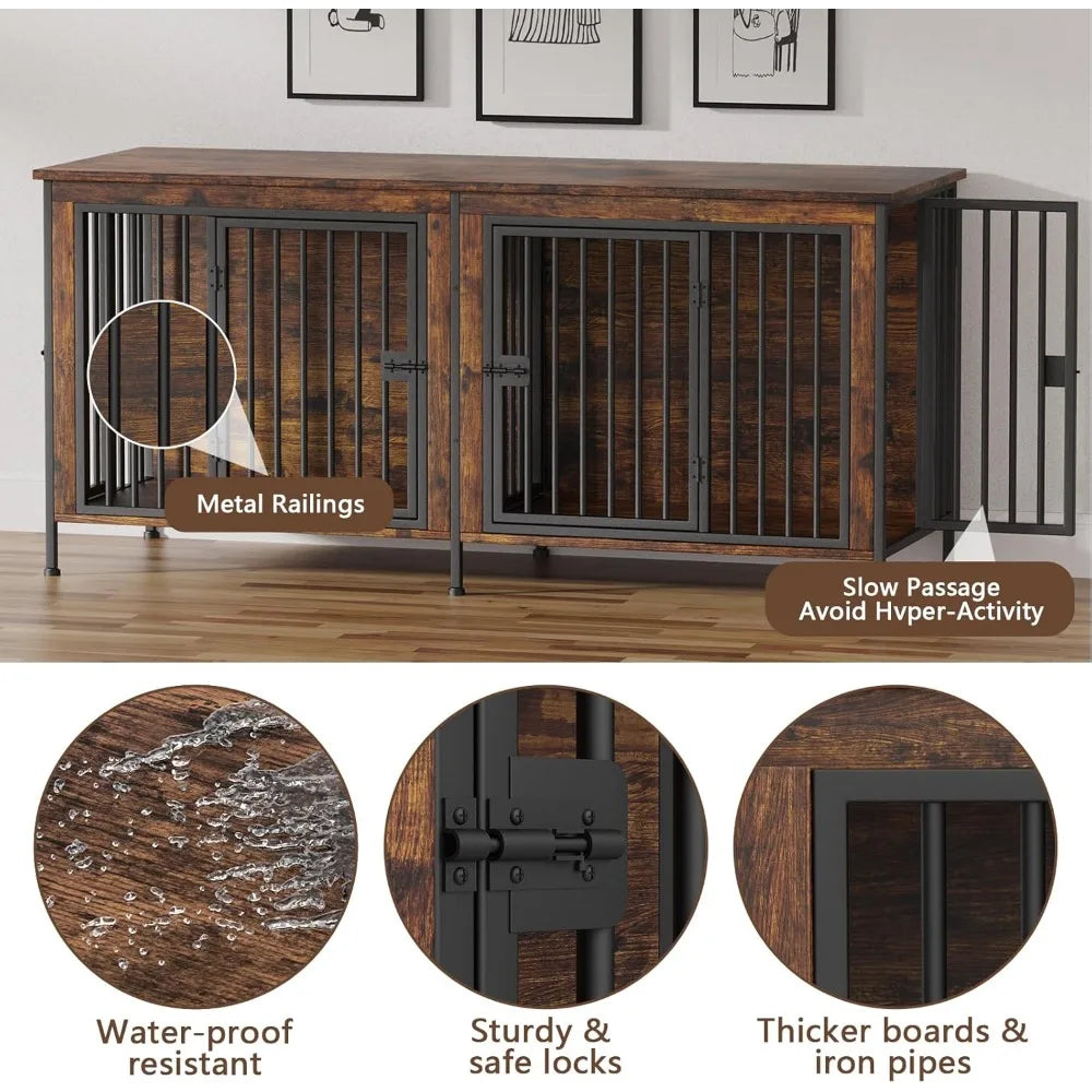Heavy Duty Dog Crate Furniture — Double Kennel for Large Dogs, 78" Wide