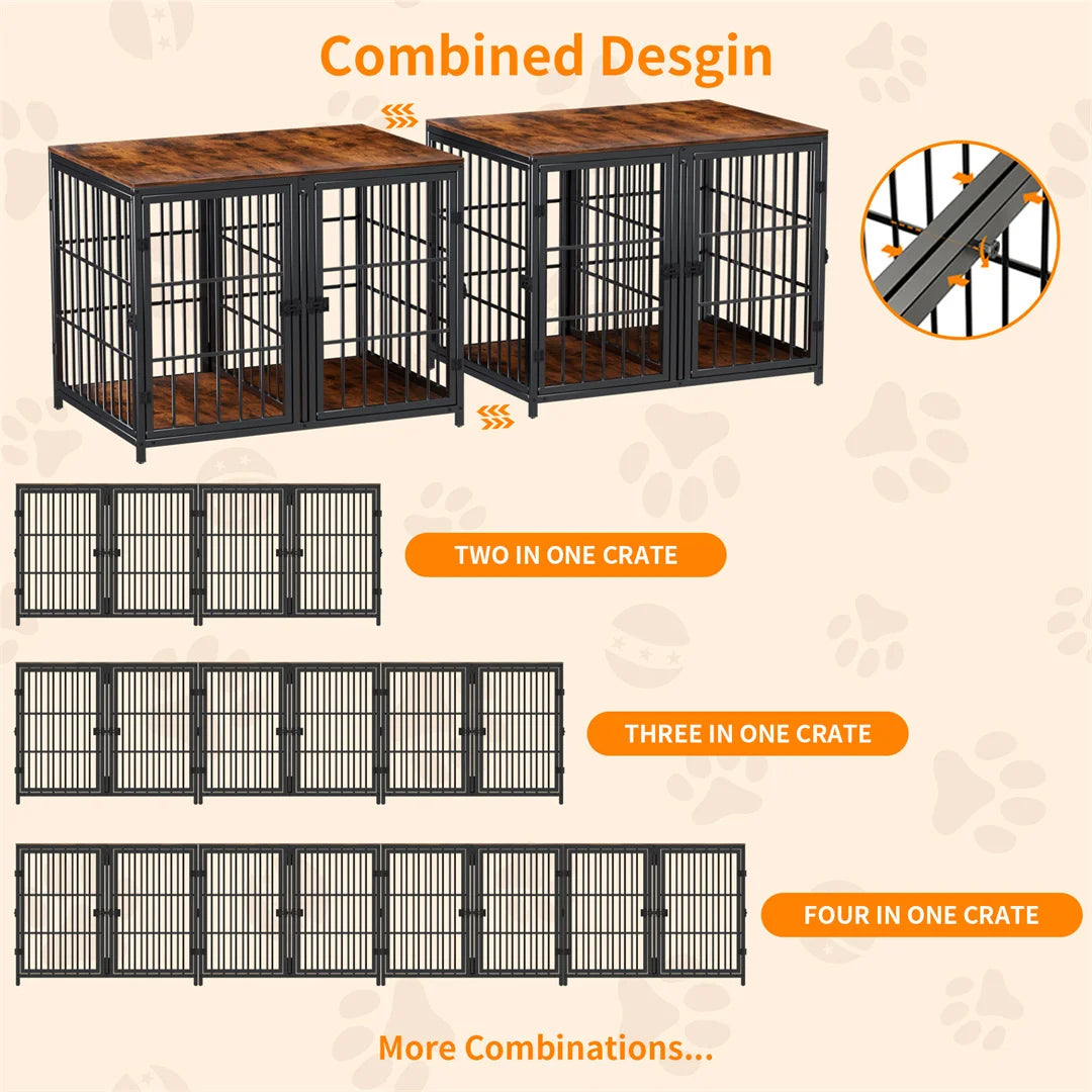 Furniture-Style Wooden Dog Crate | Side Table | 4 Doors | Holds 110lbs | Black & Dark Walnut