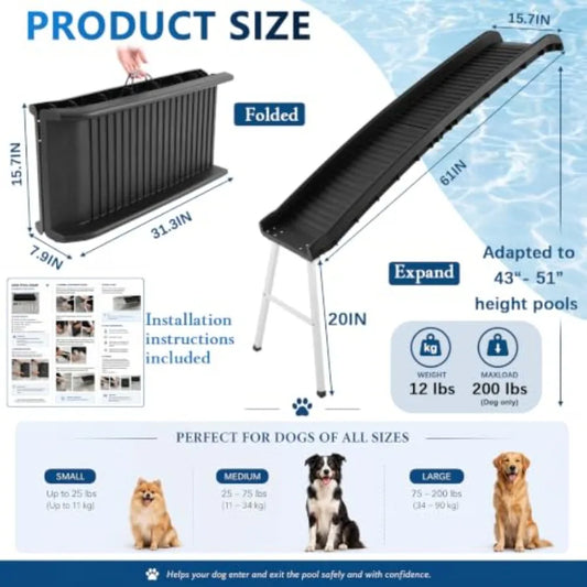 61-Inch Dog Pool Ramp | Foldable, Non-Slip | 20-Inch Support Legs | 200 lbs | Above & In-Ground Pools