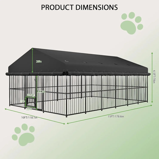 Outdoor Dog Kennel 10×15×6.5 FT — Heavy Duty Metal Frame, Waterproof Oxford Enclosure & Swivel Door