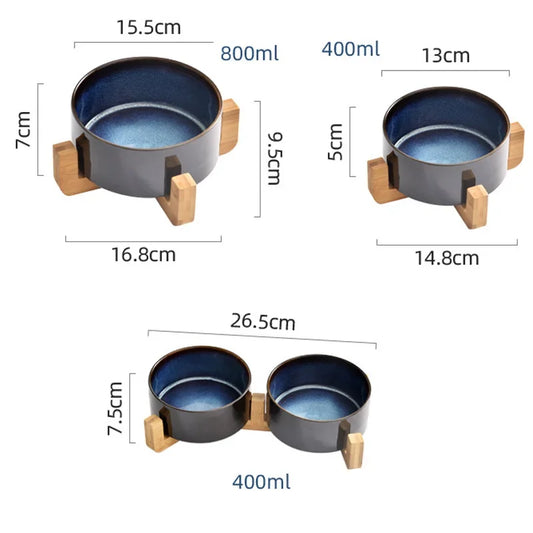 Ceramic Dog Bowl with Wooden Base | Single or Double | Anti-Overturn | Neck Protection