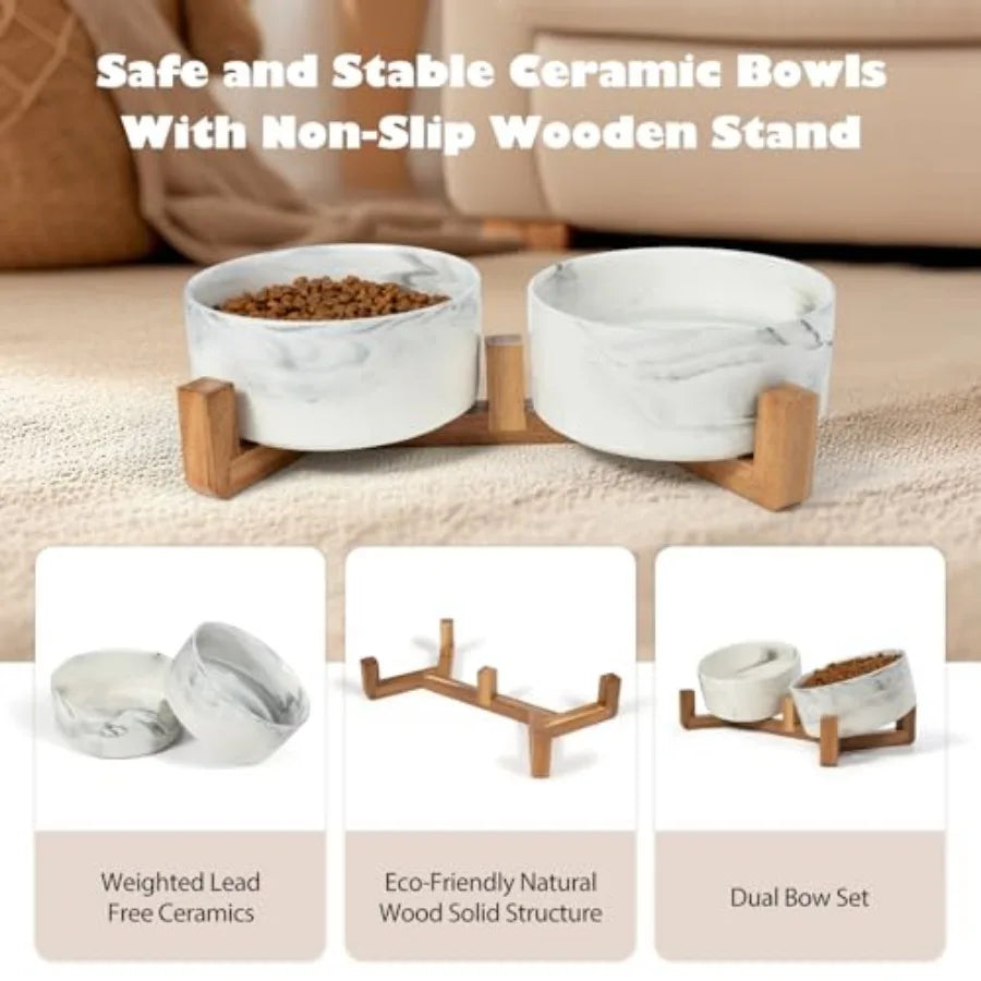 Dog Bowls Set with Wood Stand 3.6-Cup Ceramic Pet Bowls for Medium Dogs Weighted Food Water Bowl Set for Dog and Cat