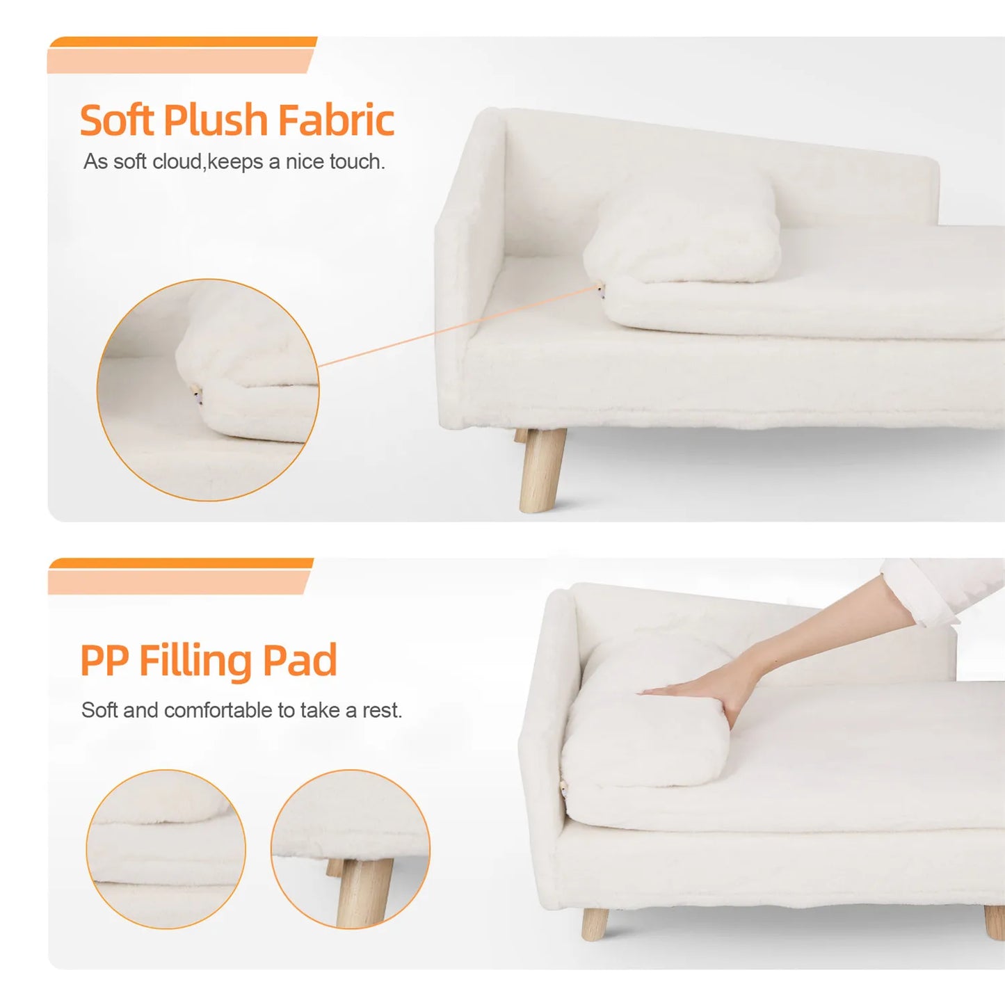Nordic L-Shape Dog Sofa Bed | Rubber Wood Legs | Waterproof Cover | S & L | White