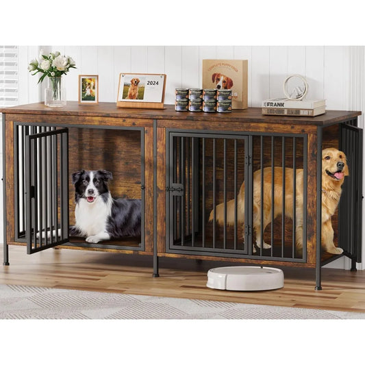 Heavy Duty Dog Crate Furniture — Double Kennel for Large Dogs, 78" Wide