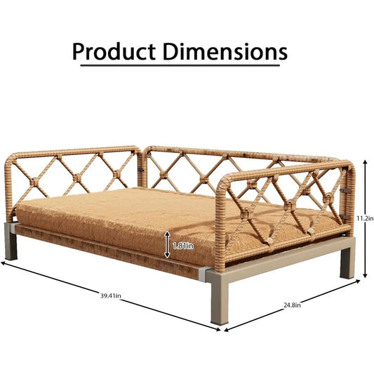 Indoor Wicker Rattan Dog Bed with Sofa & Cushion | Brown