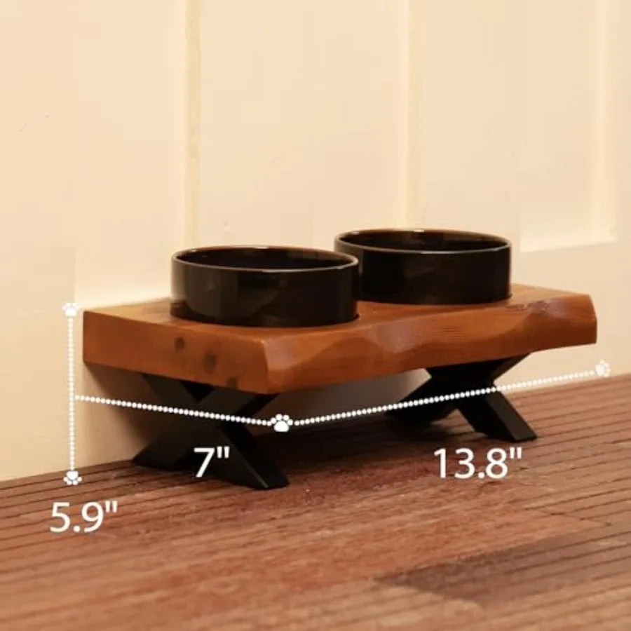Raised Wooden Pet Feeding Station with Ceramic Bowls