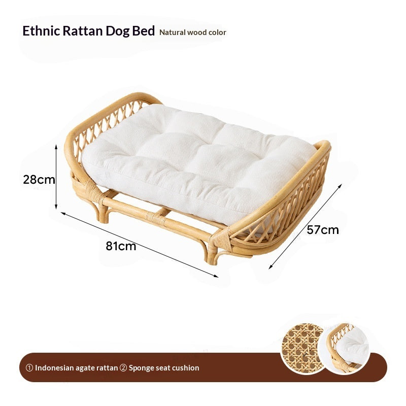 Rattan Dog Bed & Kennel | Natural Wood, Cushion Included | Small & Medium Dogs