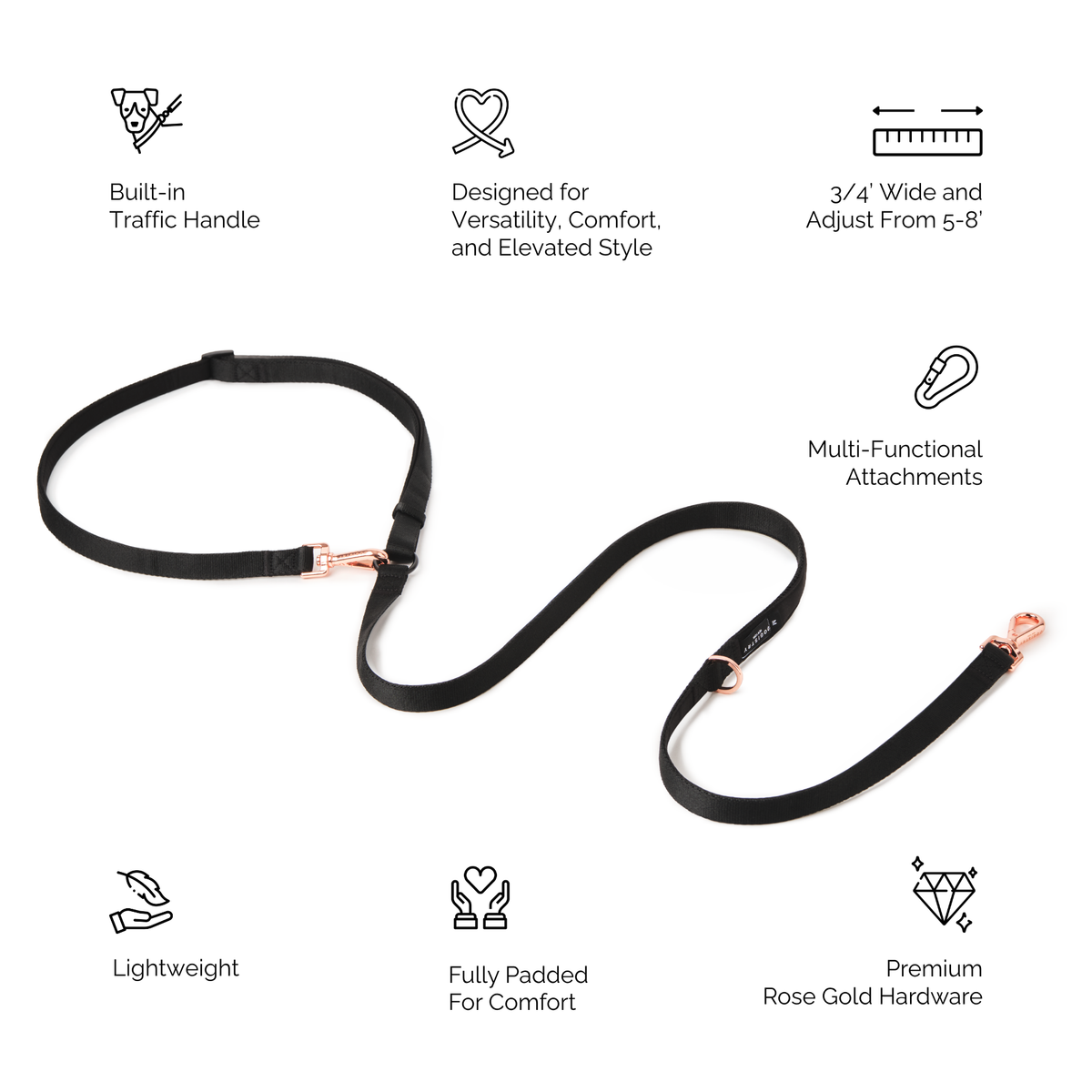Metro Hands Free Leash – Black / Matte Rose Gold