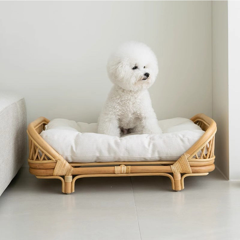 Rattan Dog Bed & Kennel | Natural Wood, Cushion Included | Small & Medium Dogs