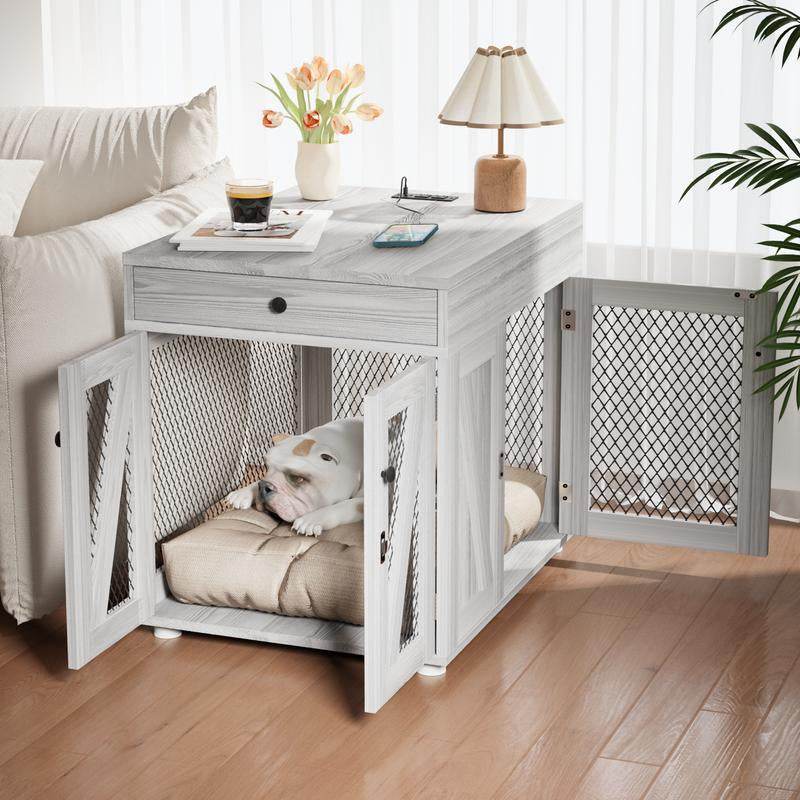 Dog Crate End Table with Drawer & USB Charging