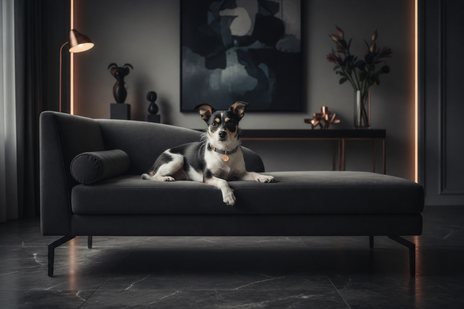 Dog lying on a dark gray sofa in a dimly lit room with decorative elements.
