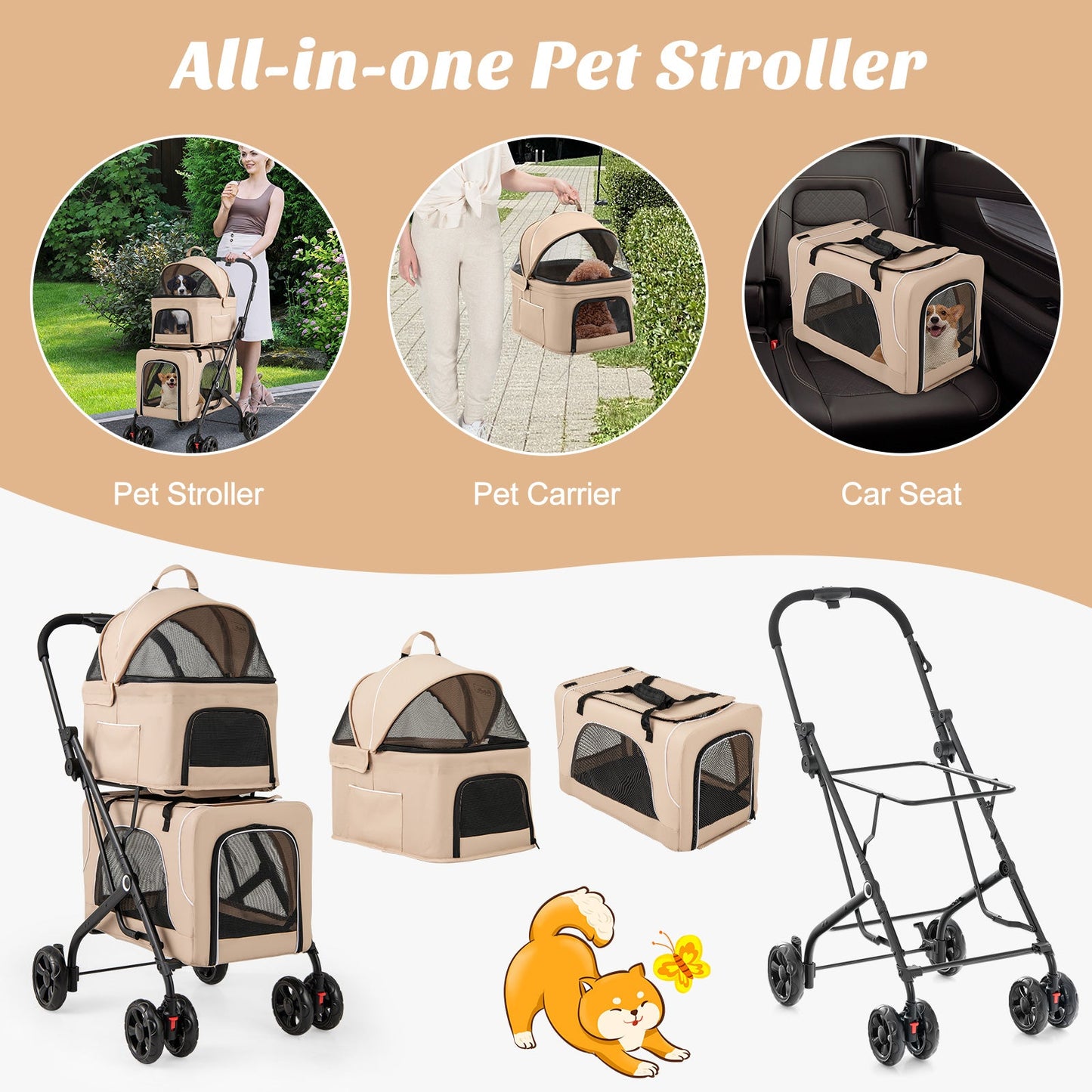 Double Pet Stroller – Beige
