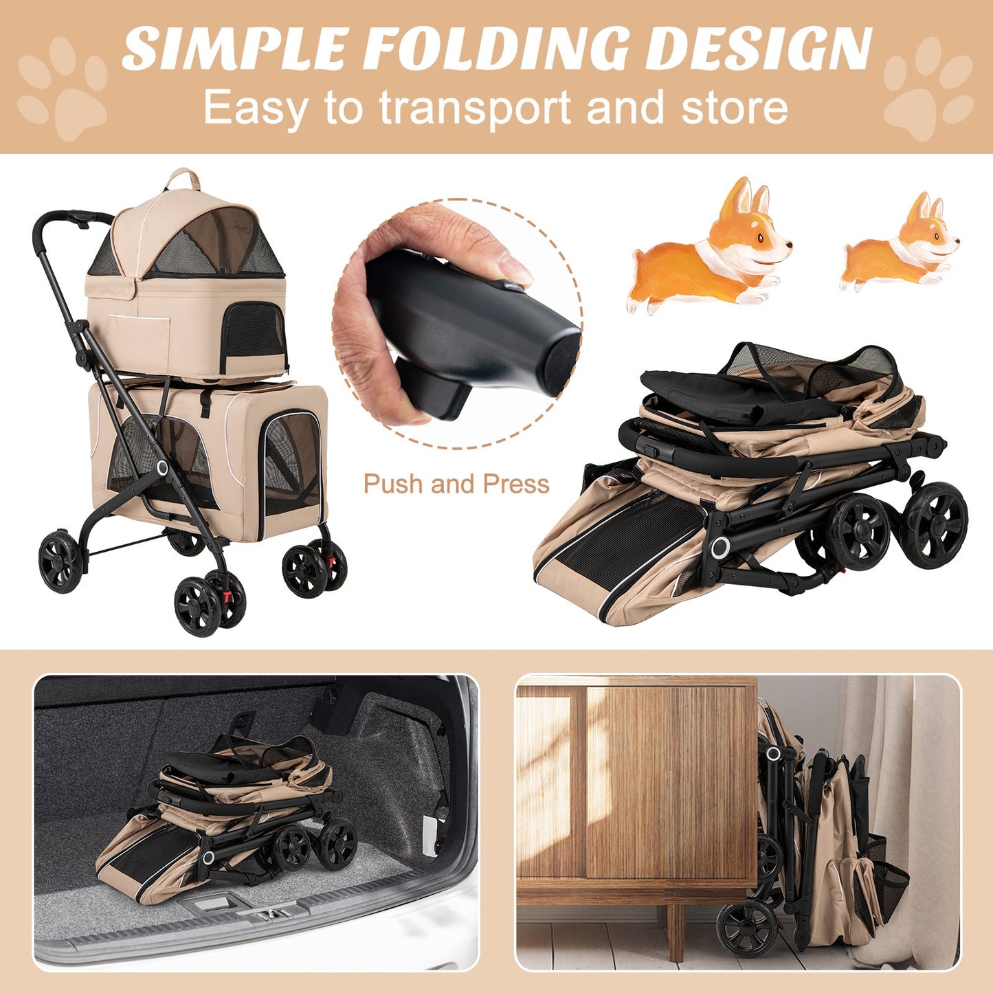 Double Pet Stroller – Beige