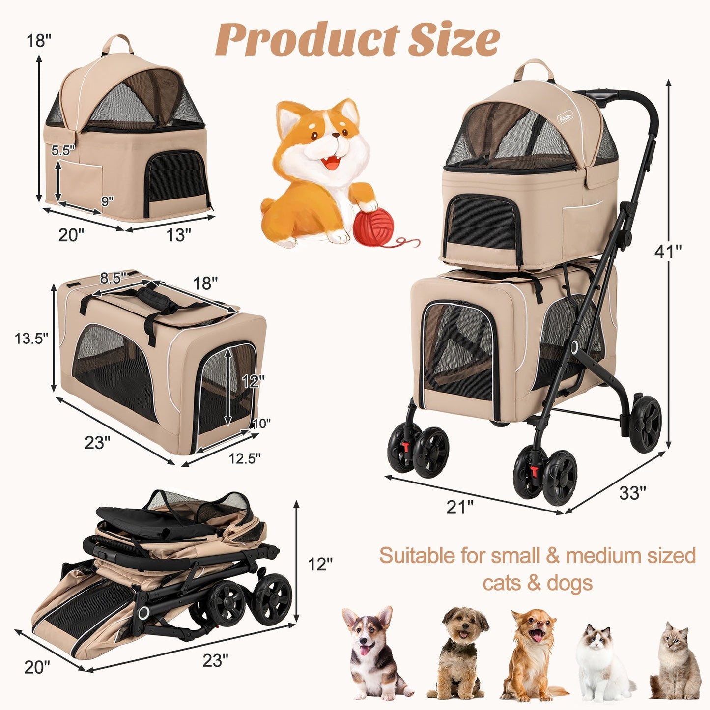 Double Pet Stroller – Beige