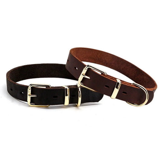 Genuine Leather Dog Collar with Gold Alloy Buckle — Adjustable, D-Ring, All Sizes