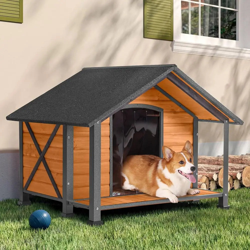 Wooden Dog House with Iron Frame & Front Porch