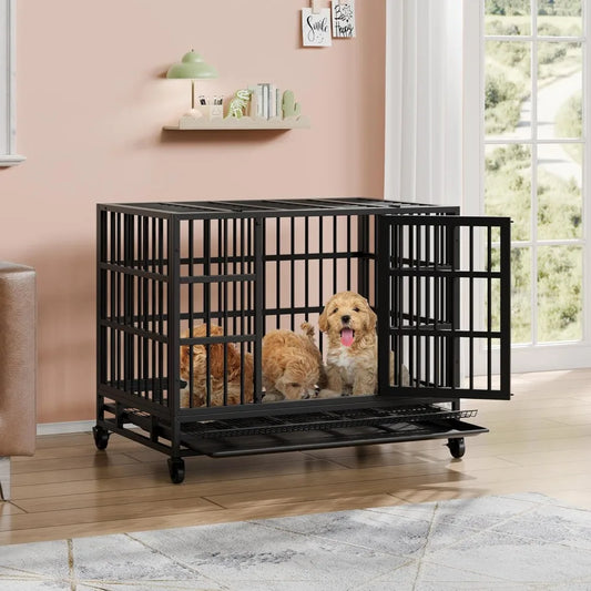 Heavy Duty Indestructible Dog Crate, Escape Proof Dog Cage Kennel with Lockable Wheels,High Anxiety Double Doo Dog，Customized