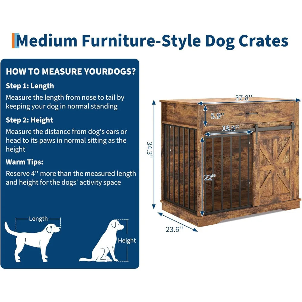 Farmhouse Dog Crate End Table — 37.8" with Sliding Barn Doors & Drawer | Grey, Brown, White