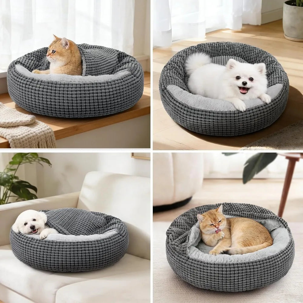 Hooded Donut Dog Bed with Attached Blanket | Plush Cuddler | Anti-Slip | 26" | Washable