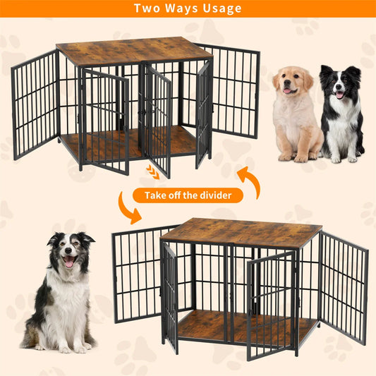 Furniture-Style Wooden Dog Crate | Side Table | 4 Doors | Holds 110lbs | Black & Dark Walnut